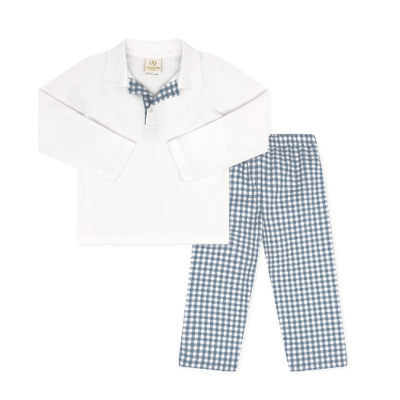 Lullaby Set Parker Polo Pant Set | Stone Blue Check