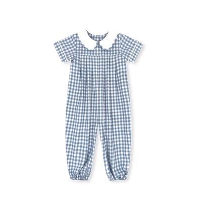 Lullaby Set Pleated Romper | Stone Blue Check